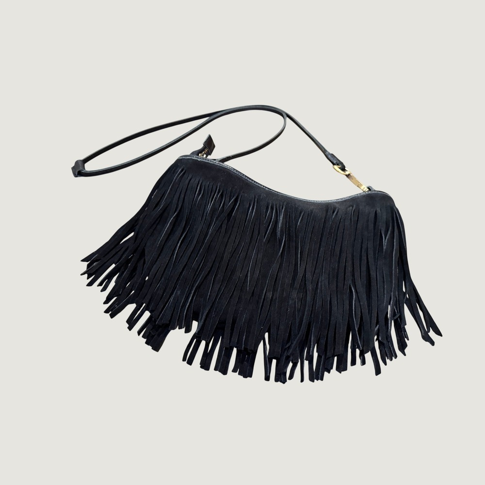 MAJA Black Suede Leather Fringe Crossbody Bag Boho Western Small Messenger